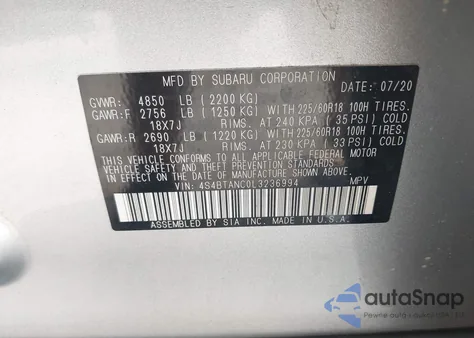 2020 Subaru Outback Limited из США, поврежденный, VIN 4S4BTANC0L3236994